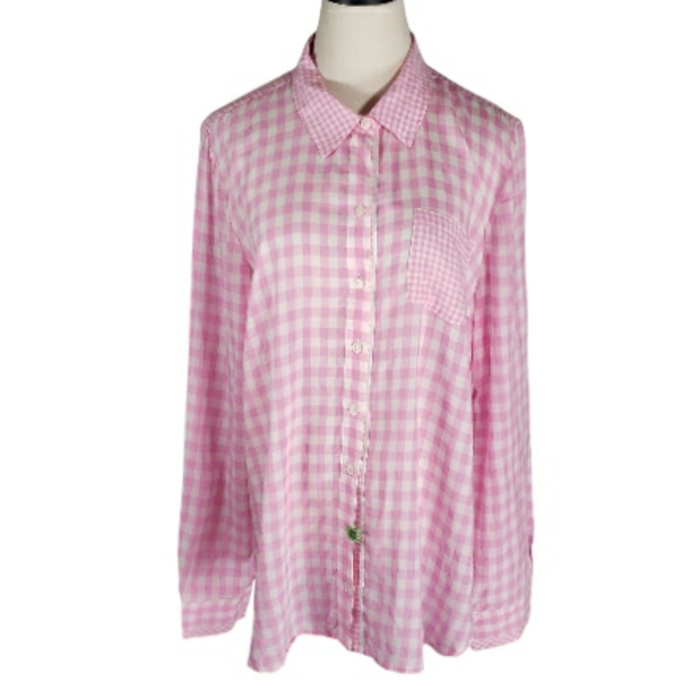 Crown & Ivy Modal Gingham Mx Longline Buttondown Blouse Top Preppy Spring Pastel